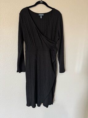 ModCloth Black Faux Wrap Midi Dress Long Sleeve Polka Dot Sheath Size L